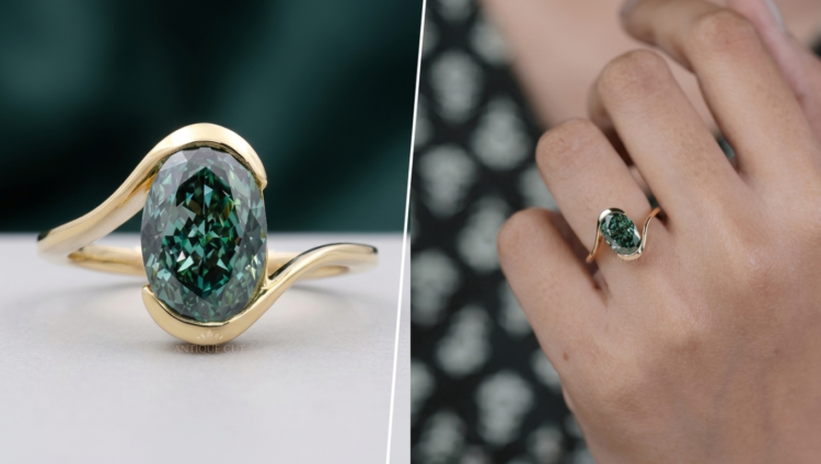A two-panel split image showcasing a yellow gold bypass ring featuring a large, brilliant oval-cut dark green gemstone; the left side shows a close-up macro view of the ring, and the right side shows the ring being worn on a person's ring finger.