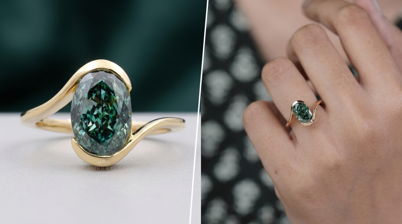 A two-panel split image showcasing a yellow gold bypass ring featuring a large, brilliant oval-cut dark green gemstone; the left side shows a close-up macro view of the ring, and the right side shows the ring being worn on a person's ring finger.