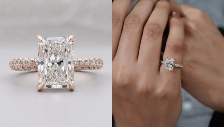 Radiant cut lab-grown diamond engagement ring featuring a rectangular center stone with a pavé diamond band in rose gold and white gold.