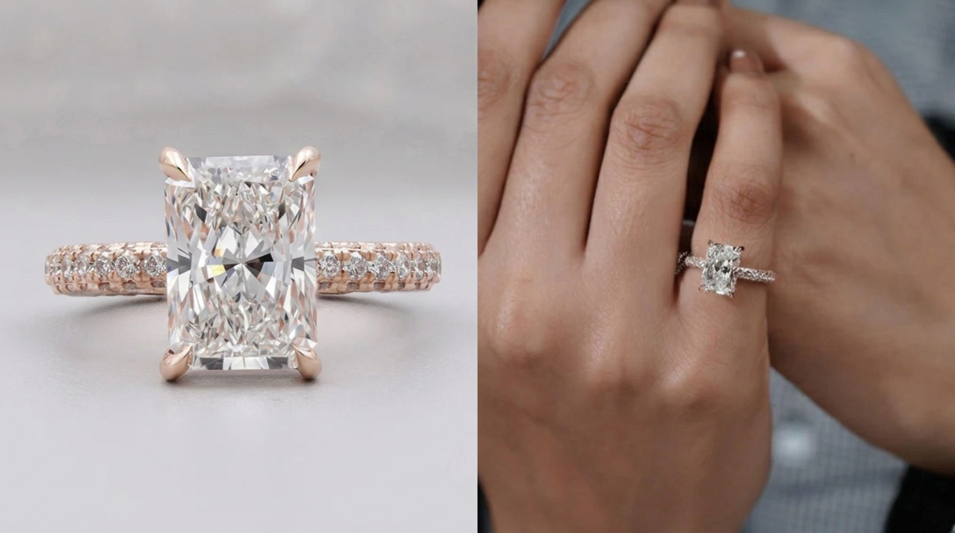 Radiant cut lab-grown diamond engagement ring featuring a rectangular center stone with a pavé diamond band in rose gold and white gold.