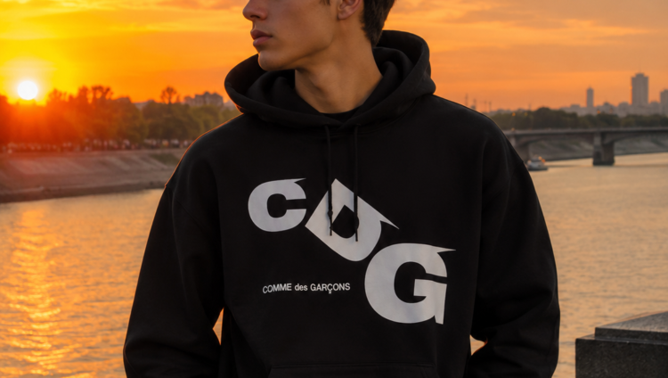CDG White Printed Logo Hoodie Black