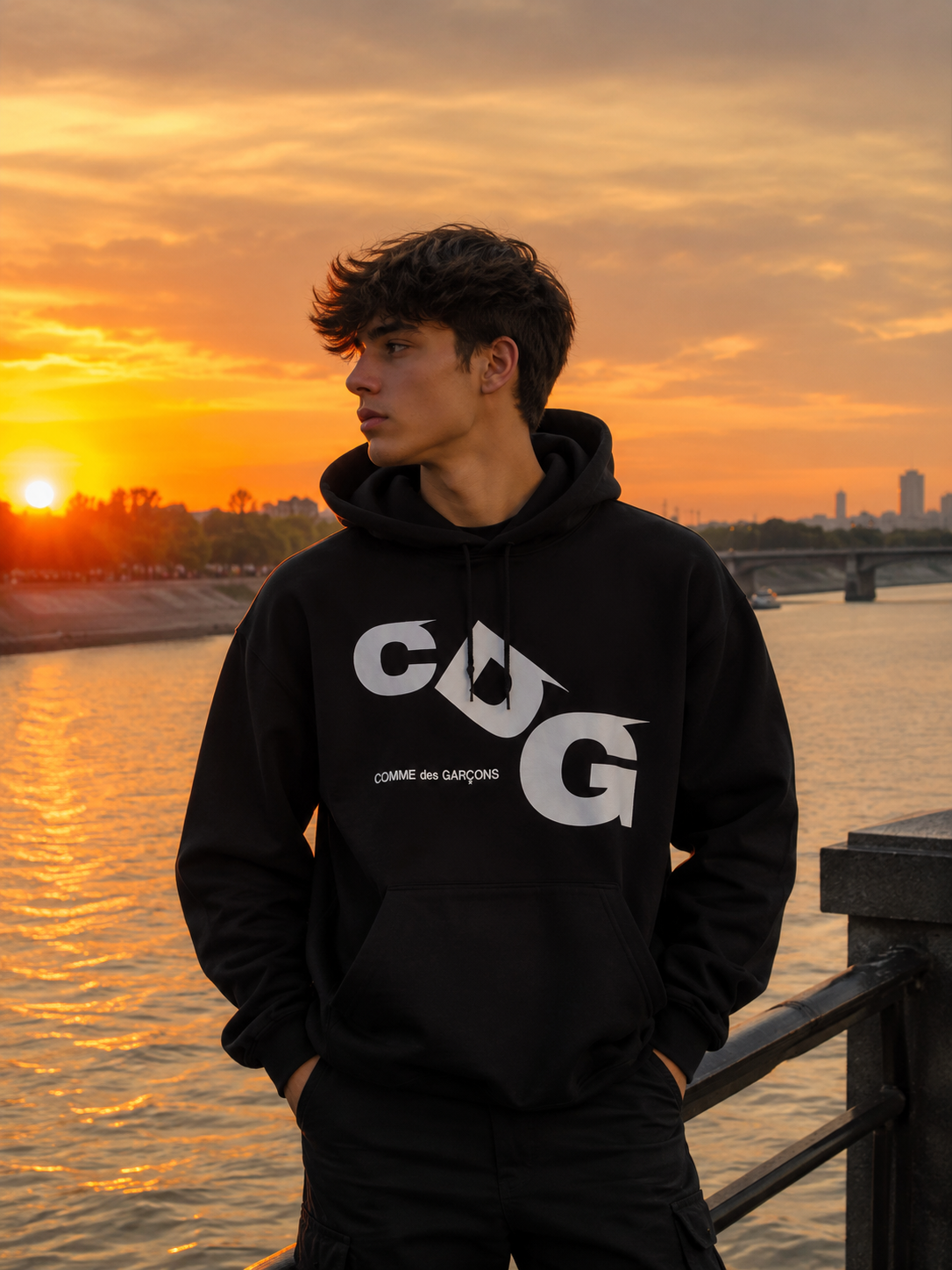 CDG White Printed Logo Hoodie Black